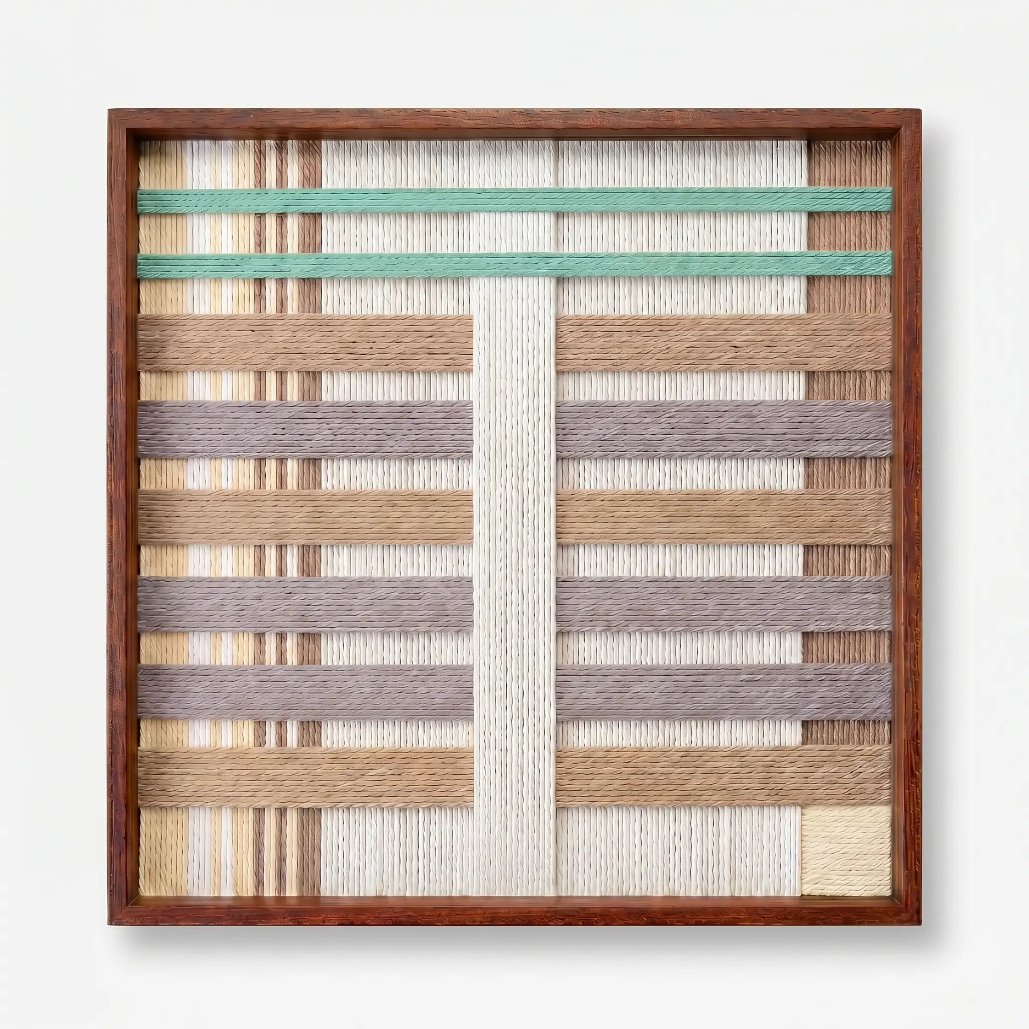 Frontal studio shot of the Sleeping Flora hand-woven wool wall art featuring geometric pastel patterns in a wooden frame against a clean white background.
