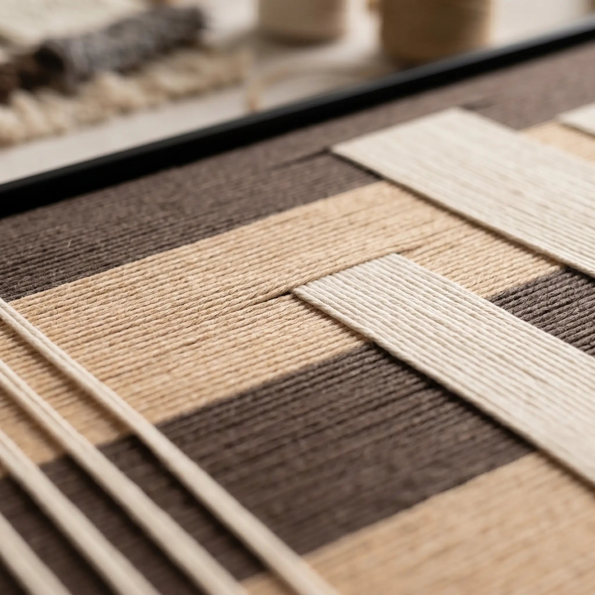 Extreme angled macro close-up of the Canyon Whispers hand-woven textile art lying flat, highlighting the raised cream vertical yarn over brown and tan horizontal stripes.