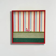 "Scarlet Stripe Pup Saunter" — Textured Fiber Wall Art