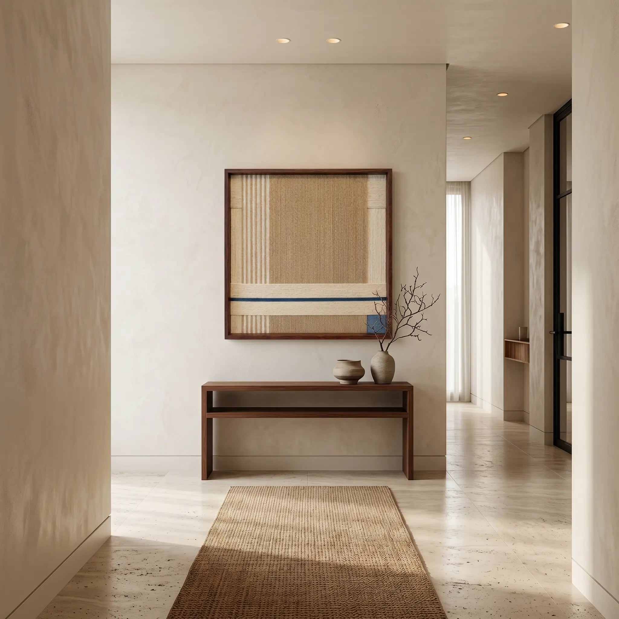 Perspective view of the beige and blue wool tapestry hanging in a spacious minimalist foyer with a long jute runner.