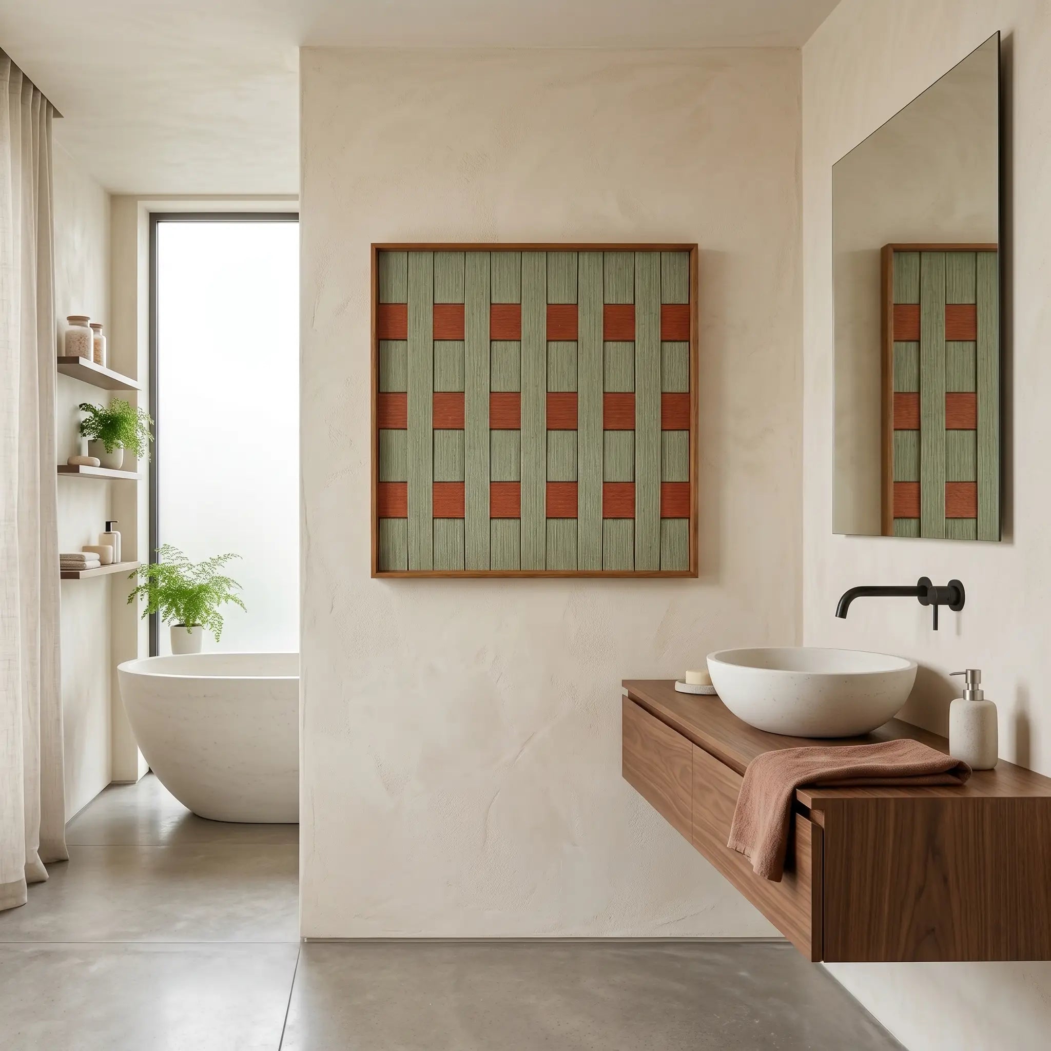 Framed checkered fiber art displayed in a modern luxury bathroom with a floating vanity and freestanding bathtub.