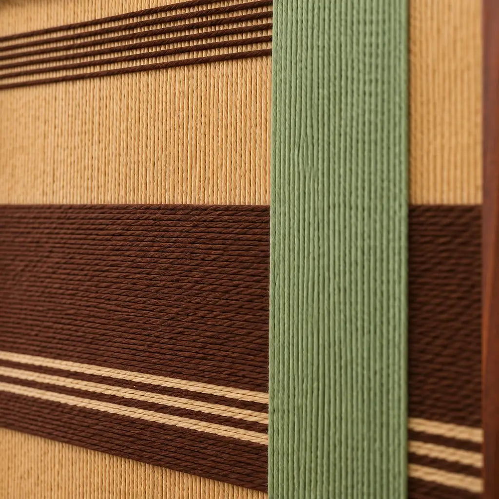 Macro close-up of the Amber Pine textile art highlighting the structural layering of the raised green vertical yarn intersecting over dark brown and tan horizontal bands.