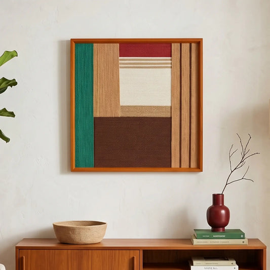 Square hand-woven wool wall art in a cherry wood frame featuring a geometric block pattern in forest green, mahogany, tan, and cream, styled above a mid-century modern sideboard.