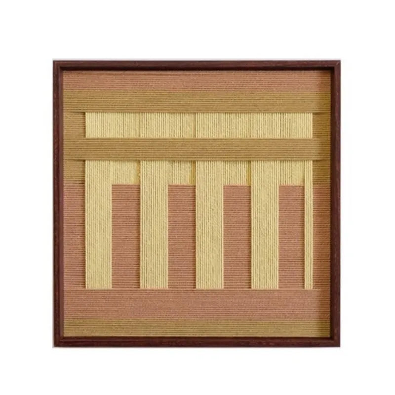 Front view of Autumn Mountain yarn wall art on a plain white background, showing exact square proportions and the clean stripe pattern.
