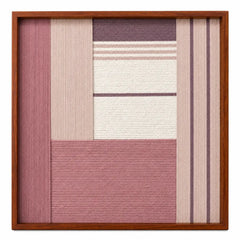 Frontal studio shot of the Ballet Whispers square hand-woven textile wall art featuring dusty pink, mauve, and cream geometric blocks in a warm wooden frame.