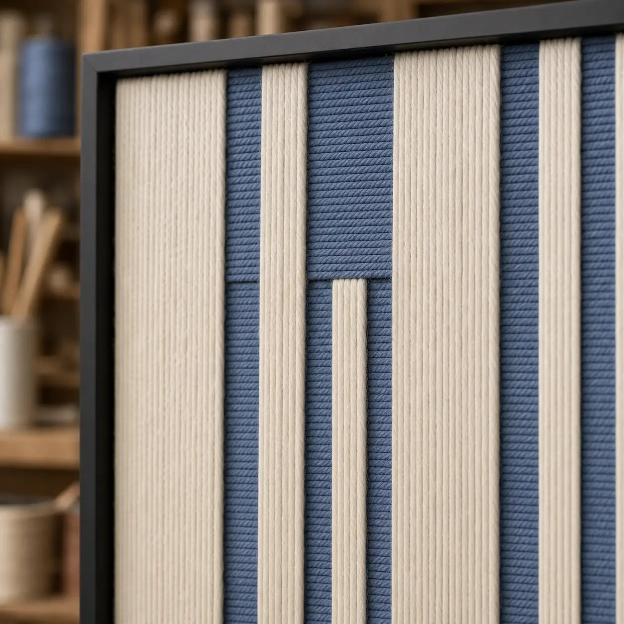 Macro close-up of the Blue Cadence framed wall art highlighting the textured vertical hand-woven wool threads.