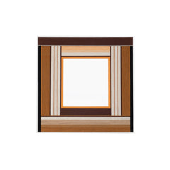 Studio front view of the Bread & Coffee wall mirror, showing the geometric arrangement of warm brown, rust, and white hand-woven wool fibers.