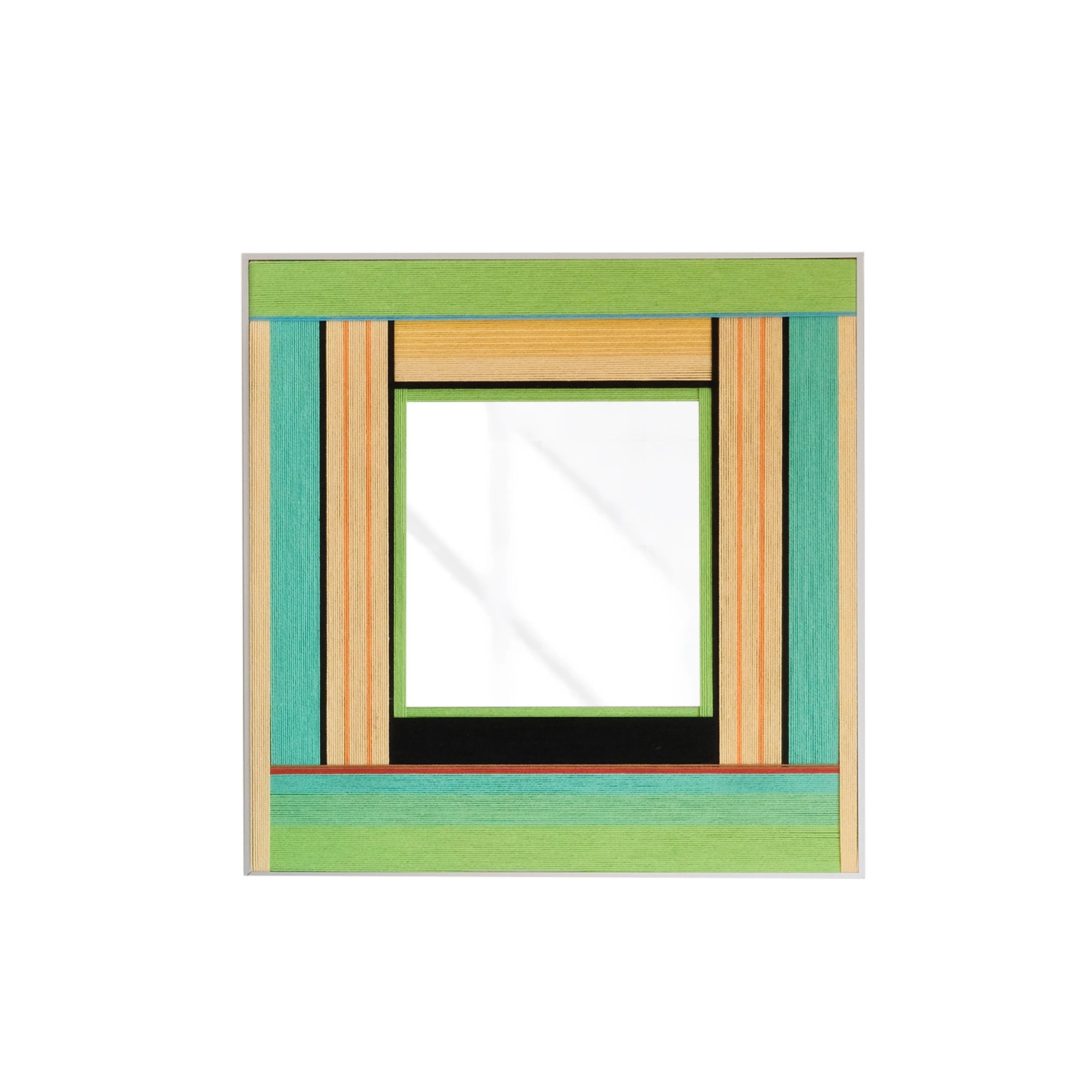 Front view of Breathing Like Fresh Grass yarn mirror art on a plain white background, showing its exact square format and clean stripe-and-mirror layout.