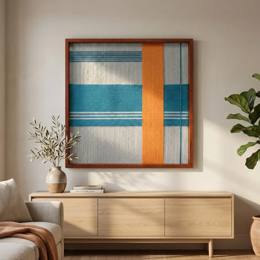 Large square Breeze of Capri textile wall art featuring woven grey, teal, and bright orange geometric patterns, hanging above a light oak sideboard in a sunlit living room.