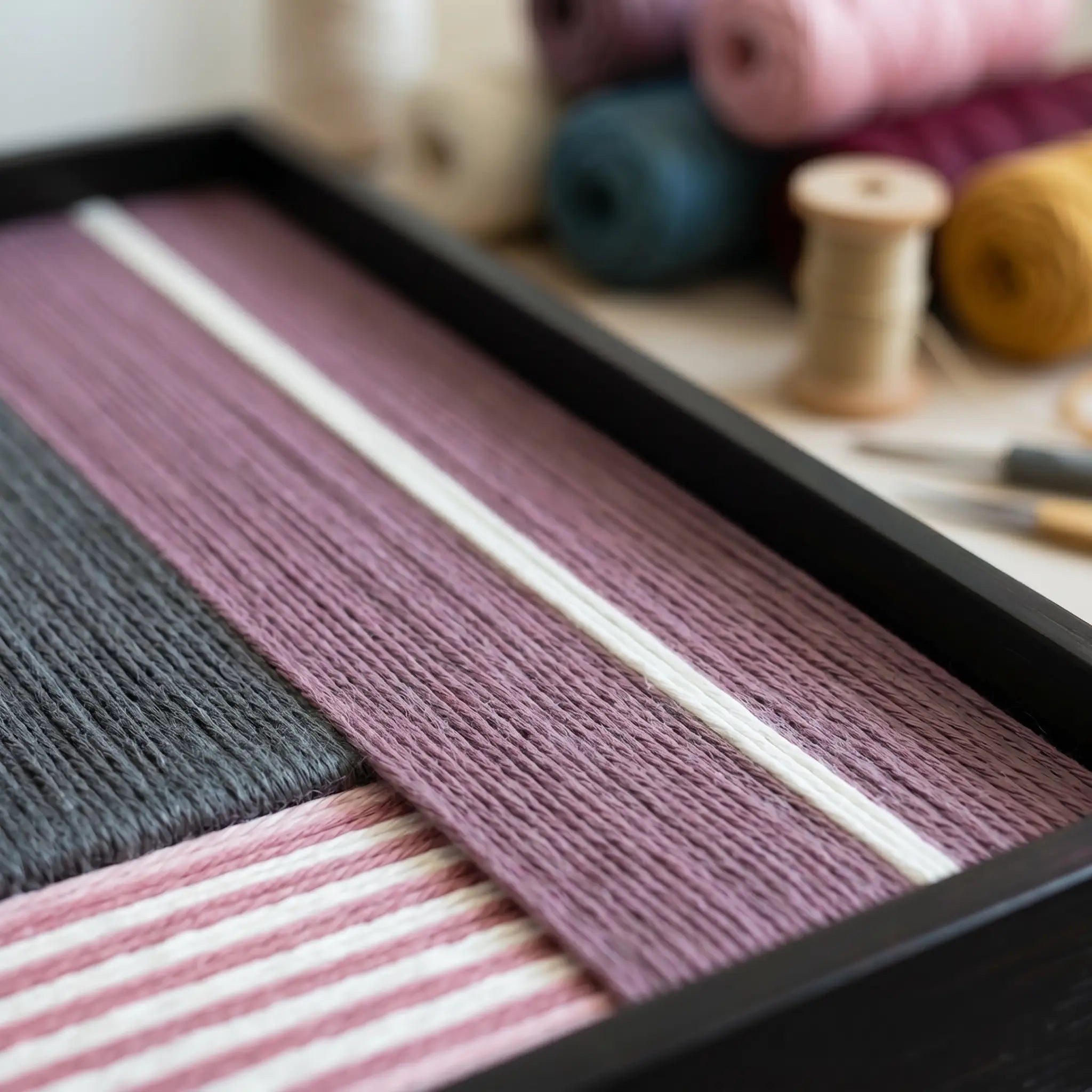 Detailed macro shot of Burgundy Overture hand-woven wool art showing the deep plum, charcoal grey, and striped pink yarn textures in a black frame.