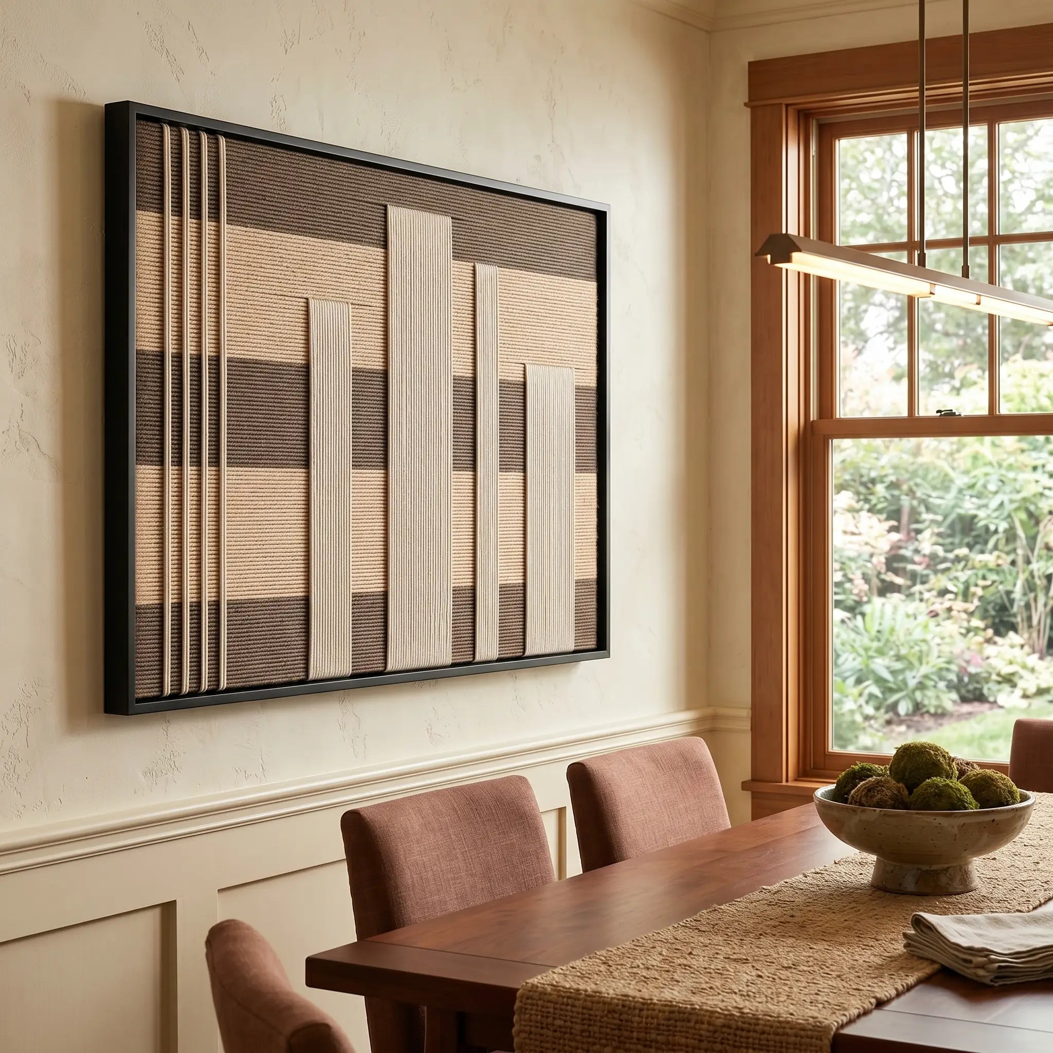 The Canyon Whispers geometric hand-woven wool tapestry provides a warm focal point in a contemporary dining room featuring rust-colored chairs.