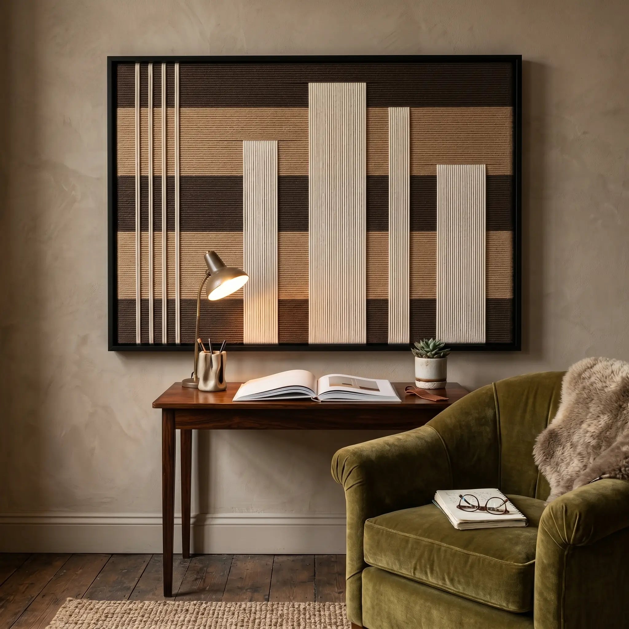 Framed Canyon Whispers hand-woven tapestry styled above a sleek wooden desk next to a green velvet armchair in a cozy home office setup.
