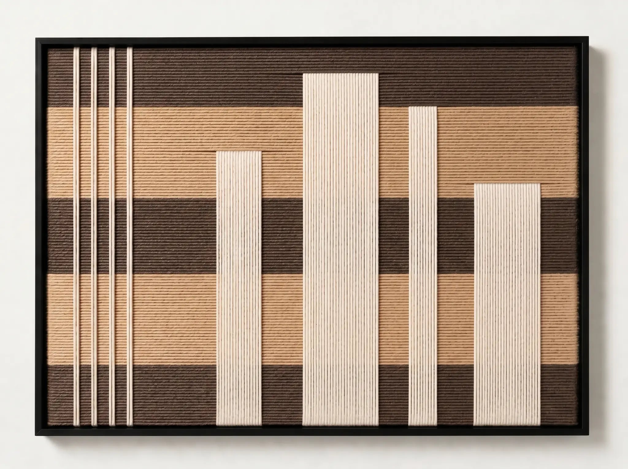 Frontal studio shot of the Canyon Whispers hand-woven wool wall art featuring cream vertical geometric blocks over brown and tan horizontal stripes in a black frame.