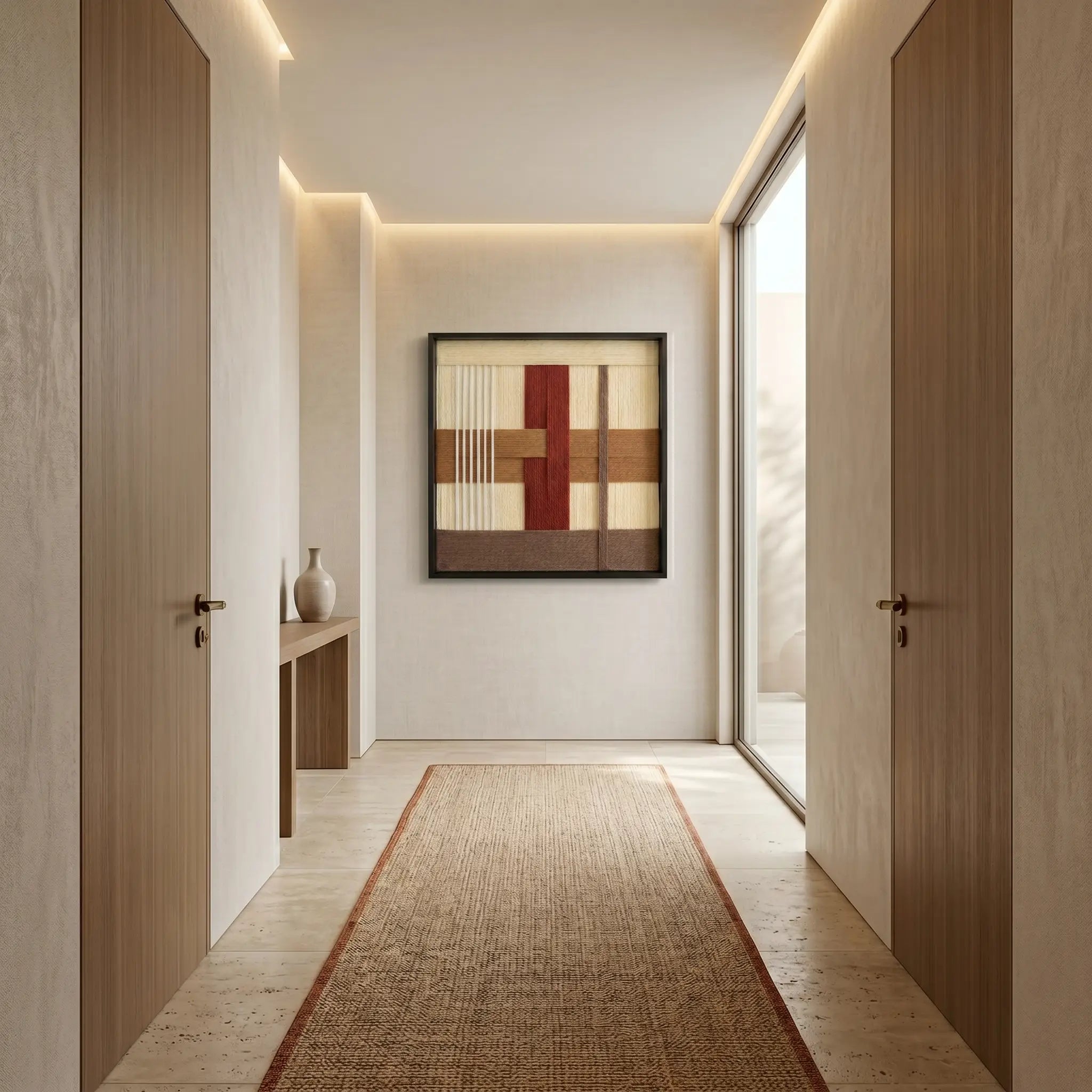 Large square hand-woven wool wall art in sunset tones hanging as a focal point at the end of a modern minimalist hallway with a jute runner rug.