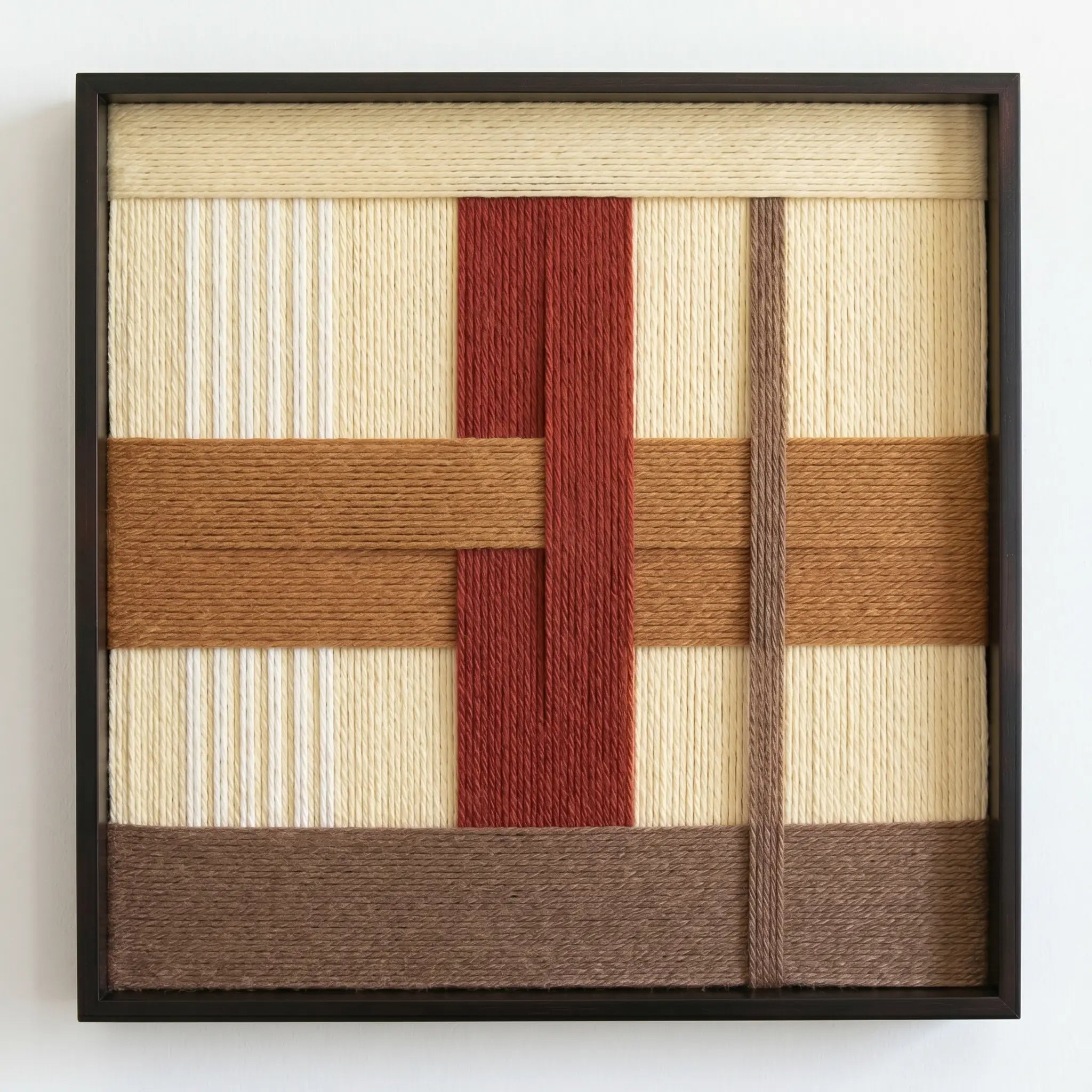 Professional studio shot of the Captured Radiance hand-woven wool wall art in a black frame against a clean white background.
