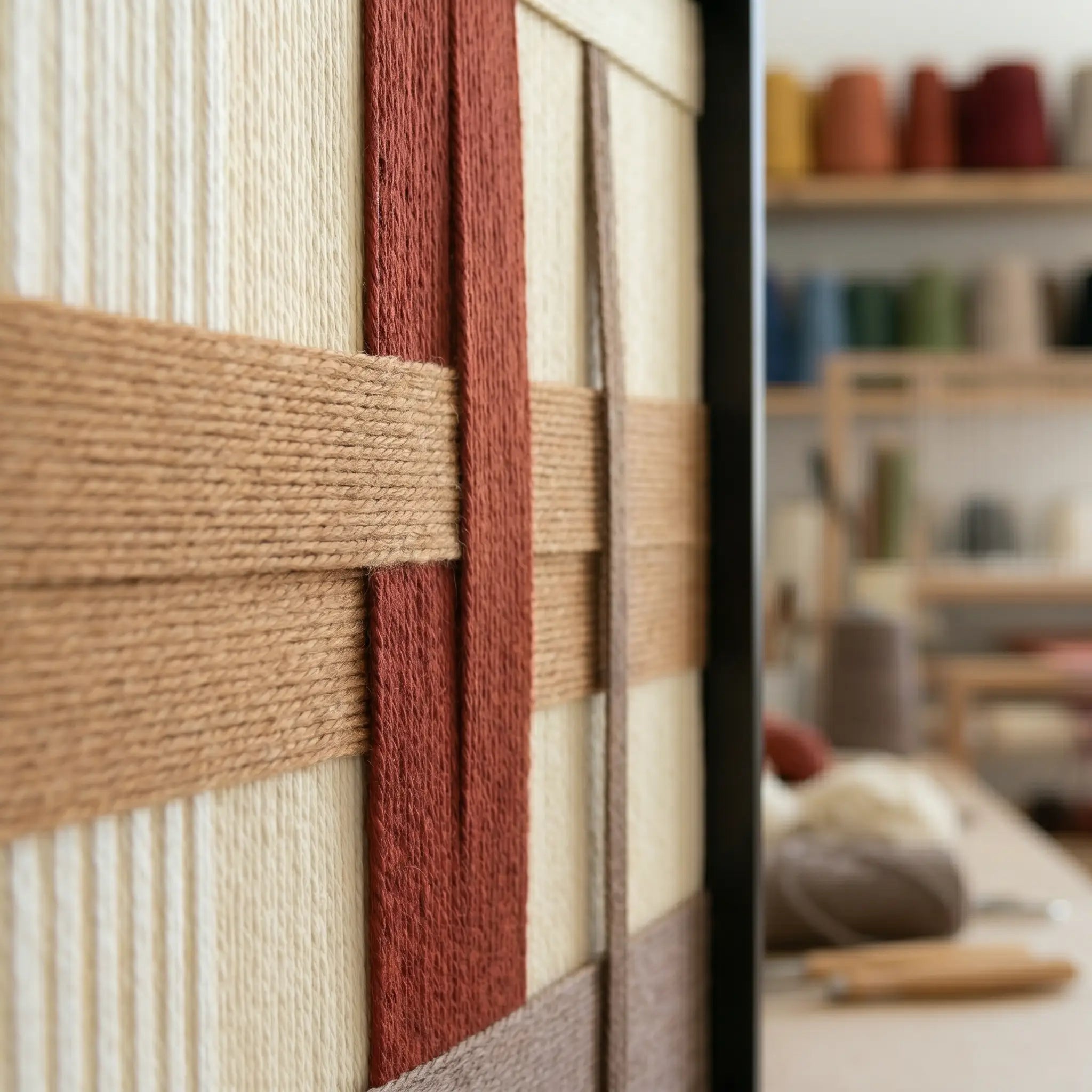 Side view of the framed wool tapestry in a studio setting, highlighting the three-dimensional depth and craftsmanship of the woven fibers.