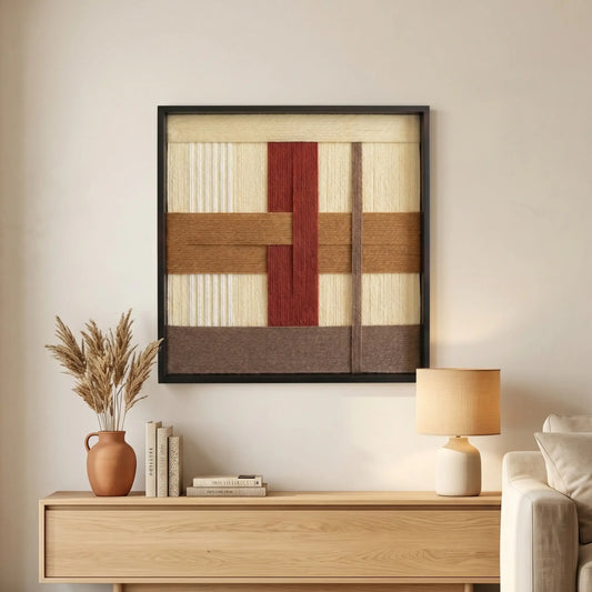 Framed fiber wall art creating a warm atmosphere in a lounge area, styled above a light wood console table with a soft table lamp.
