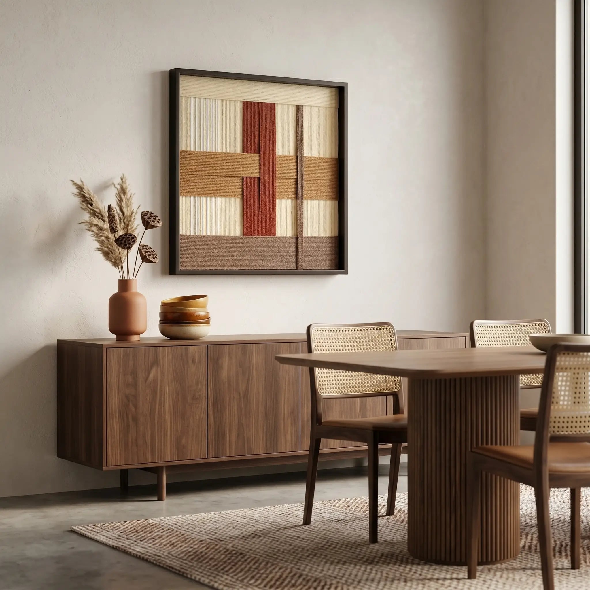 Modern earth-toned wool tapestry hanging in a sunlit living space above a dark walnut credenza with minimalist decor.