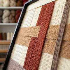 Angled close-up of the Captured Radiance fiber art showing the dense hand-wrapped wool yarn and intricate geometric textile patterns.