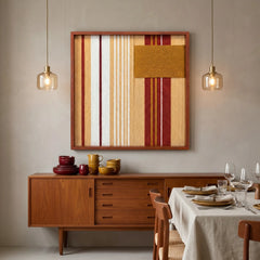 The Carmine Pulse colorful hand-woven wool tapestry provides a warm focal point over a wooden sideboard in a contemporary dining room illuminated by glass pendant lights.