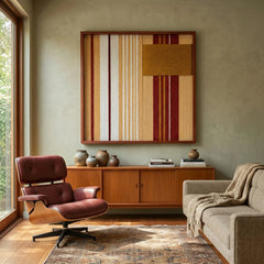 Framed Carmine Pulse textile wall art displayed in a warm living room, hanging above a mid-century wooden sideboard next to a classic brown leather lounge chair.