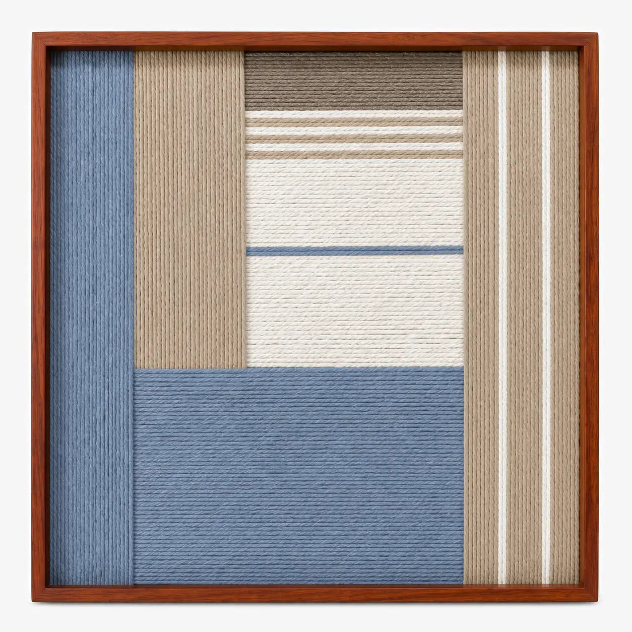 Frontal studio shot of the Cerulean Mist square hand-woven textile wall art featuring light blue, beige, and white geometric blocks in a warm wooden frame.