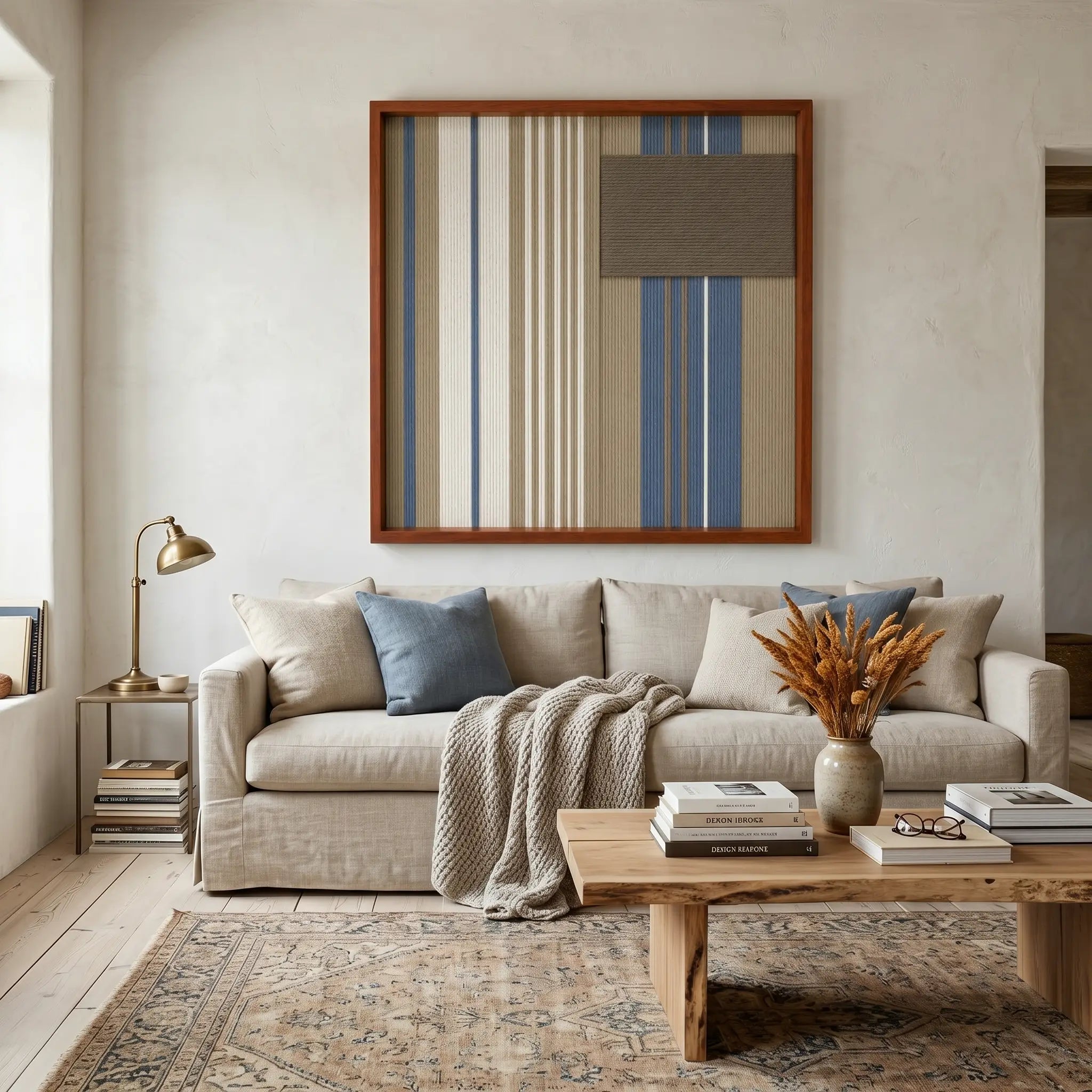 Large square Coastal Diary hand-woven wall art hanging elegantly above a cozy beige sofa decorated with blue throw pillows in a bright, modern living room.