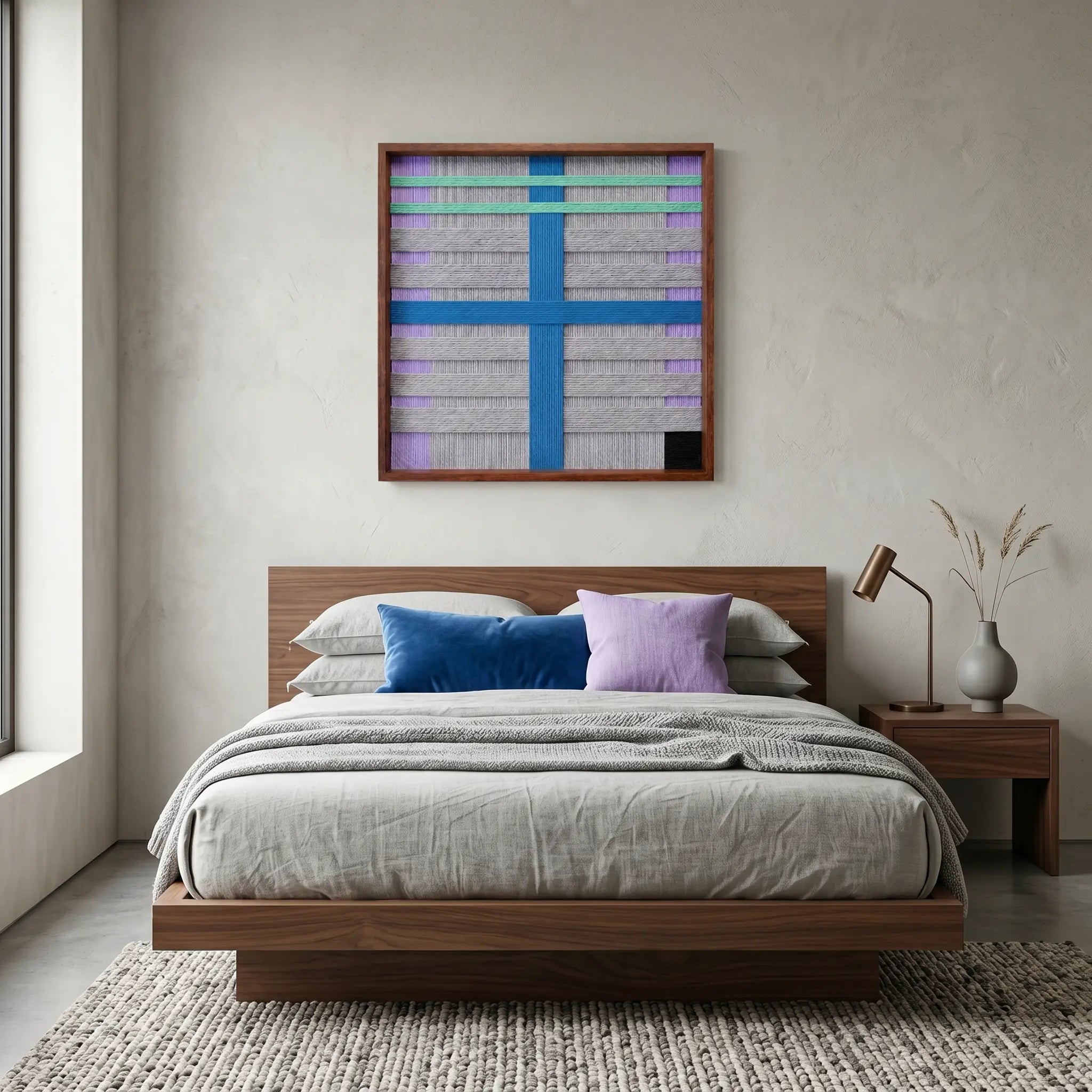 Framed geometric hand-woven wool wall art styled in a calm bedroom as a striking focal point above a modern bed with matching blue accent pillows.