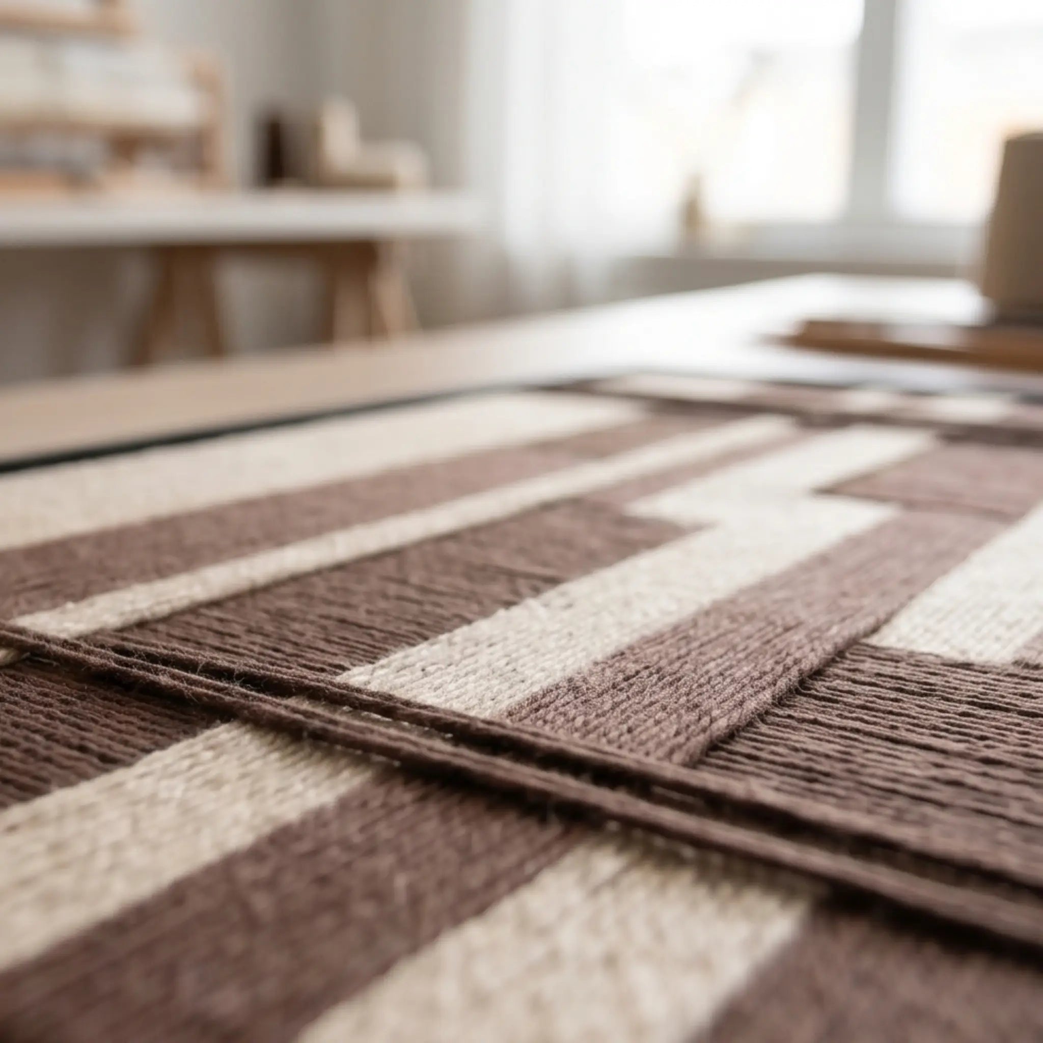Extreme macro close-up of the Cocoa Grid hand-woven wool tapestry lying flat, highlighting the raised dimensional brown and cream textured yarn.