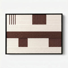 Frontal studio shot of the Cocoa Horizon hand-woven wool wall art featuring brown and cream geometric patterns in a black frame.