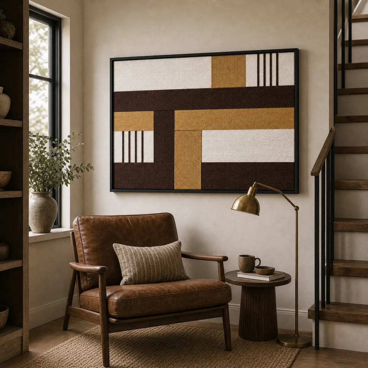 Framed hand-woven wool tapestry styled in a cozy reading nook near a staircase, positioned above a classic brown leather armchair.