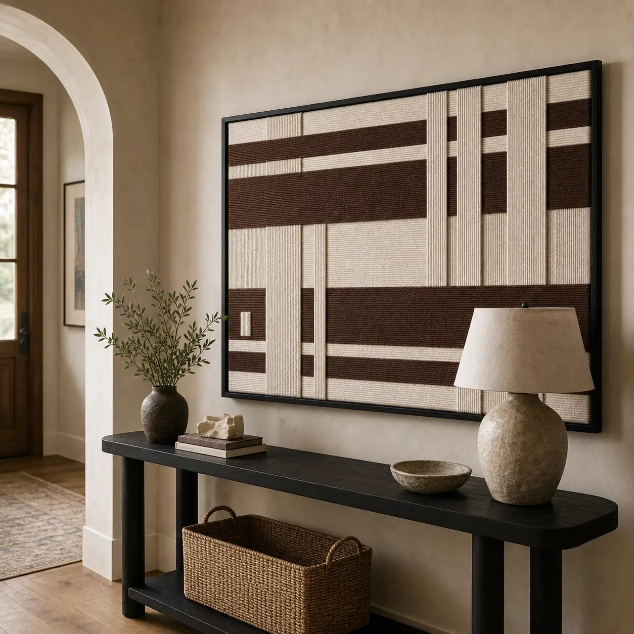 Striking Cocoa Pillars framed wall art styled in a bright entryway hallway hanging above a sleek black console table.