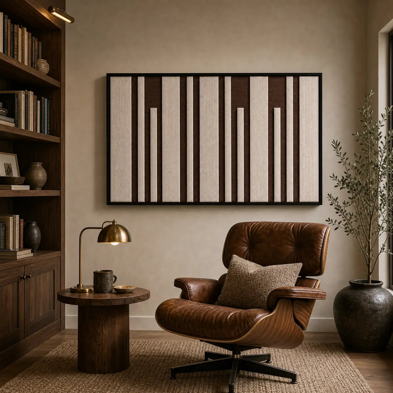 Framed hand-woven wool tapestry styled in a cozy lounge nook positioned above a small table next to a leather armchair.