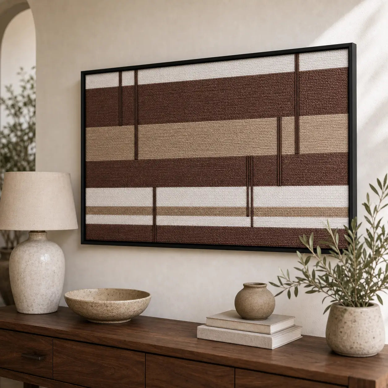 Striking hand-woven wool tapestry positioned perfectly above a sleek wooden console table adorned with a modern lamp and vases.