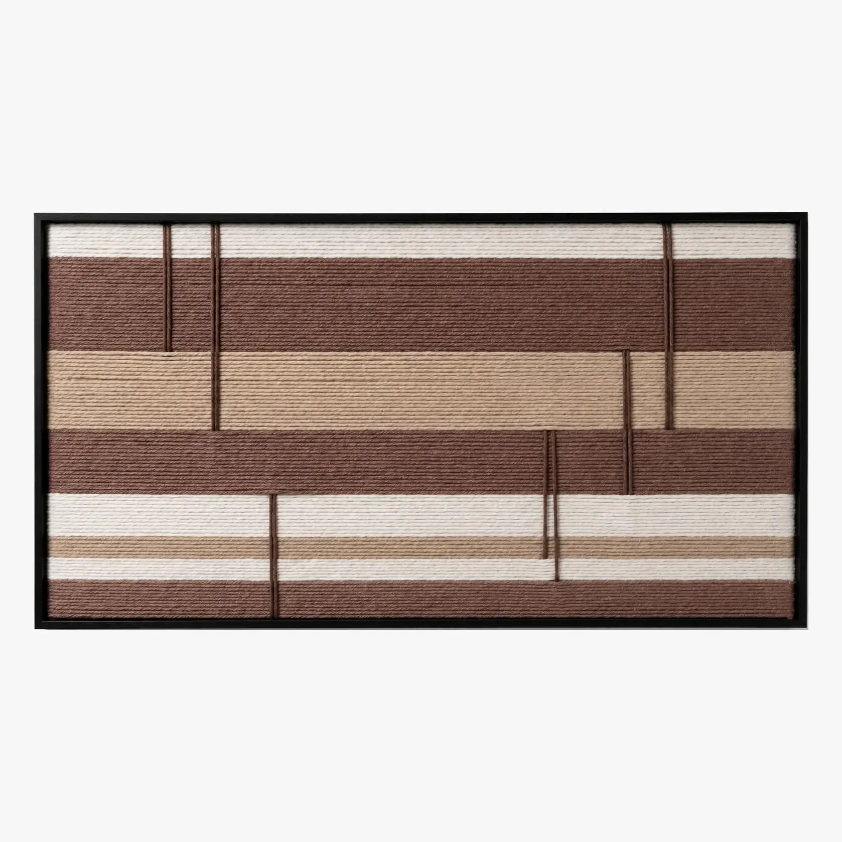 Frontal studio shot of the Cocoa Strata hand-woven wool wall art featuring brown and beige horizontal stripes in a black frame.