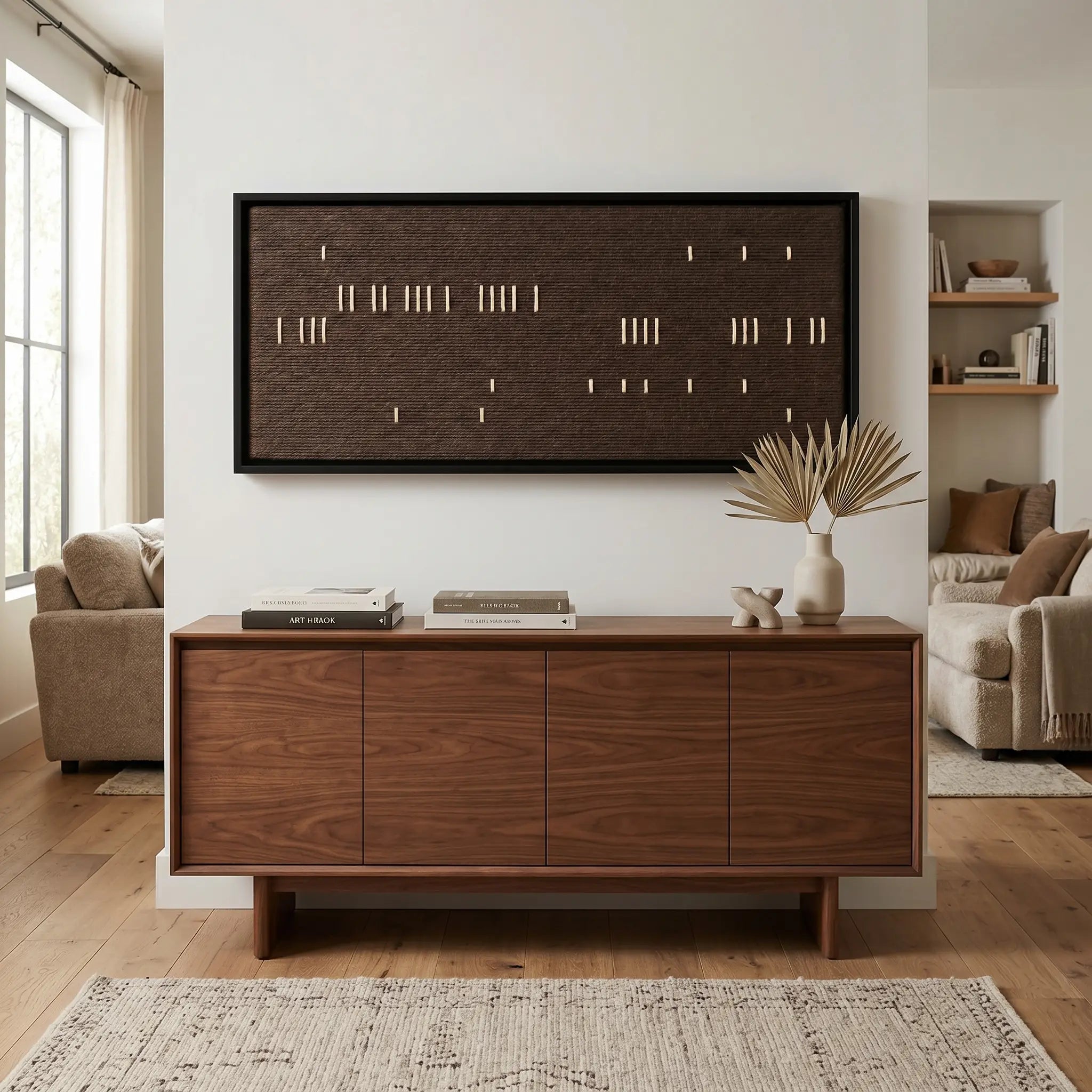 The Cocoa Whispers hand-woven wool tapestry provides a stunning minimalist focal point over a mid-century modern wooden credenza in a bright, airy room.