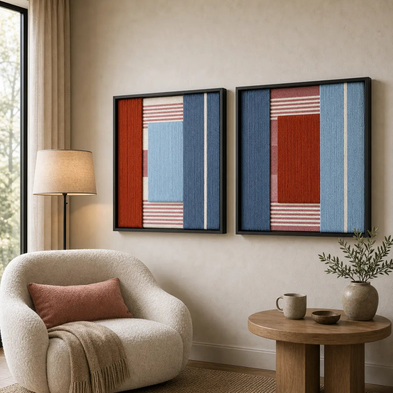 Framed Cold Fire woven wall art set styled in a cozy reading nook next to a white curved armchair and round wooden side table.