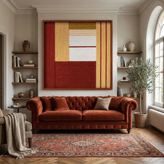 Beautiful framed hand-woven textile wall art styled elegantly in a cozy living room featuring a matching crimson red velvet sofa and a patterned area rug.