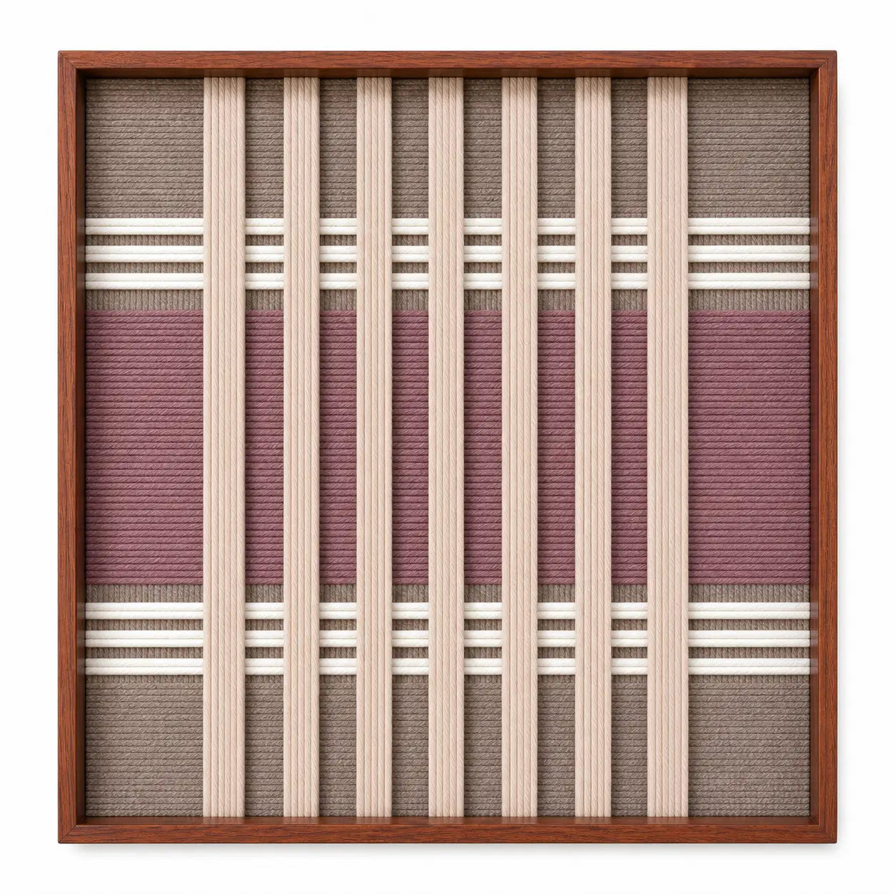 Frontal studio shot of the Dusty Tones square hand-woven textile wall art featuring mauve, pink, and cream vertical geometric stripes in a wooden frame.