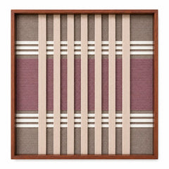 Frontal studio shot of the Dusty Tones square hand-woven textile wall art featuring mauve, pink, and cream vertical geometric stripes in a wooden frame.