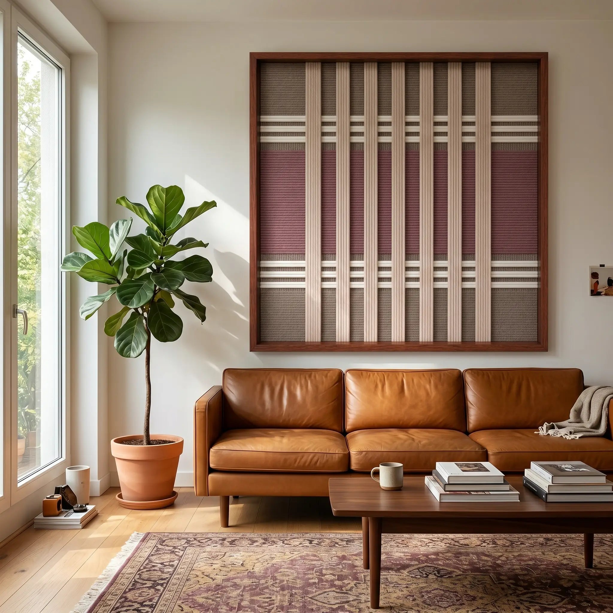 Striking square hand-woven wool tapestry positioned perfectly above a tan leather sofa in a bright living room with a patterned area rug.