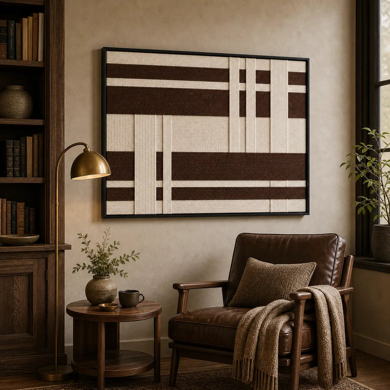 Framed hand-woven wool tapestry styled in a cozy reading nook, positioned above a small table next to a brown leather armchair.