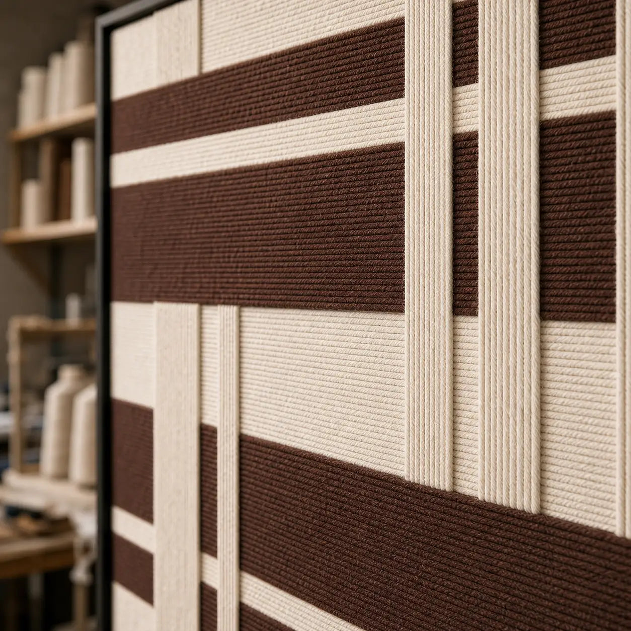 Detailed macro close-up of the Earthen Bands framed wall art highlighting the thick brown and cream hand-woven wool textures.