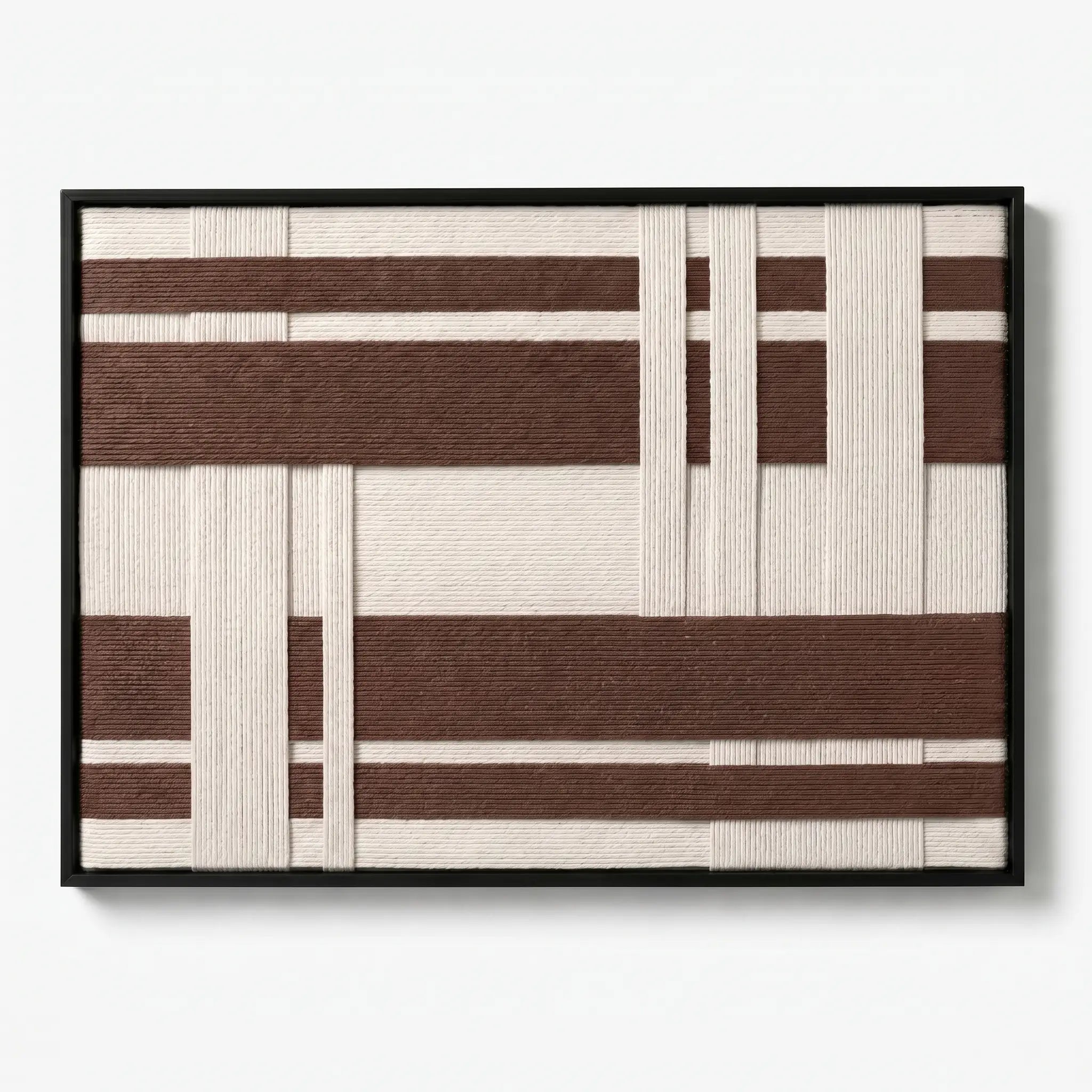 Frontal studio shot of the Earthen Bands hand-woven wool tapestry featuring brown and cream geometric patterns in a black frame.