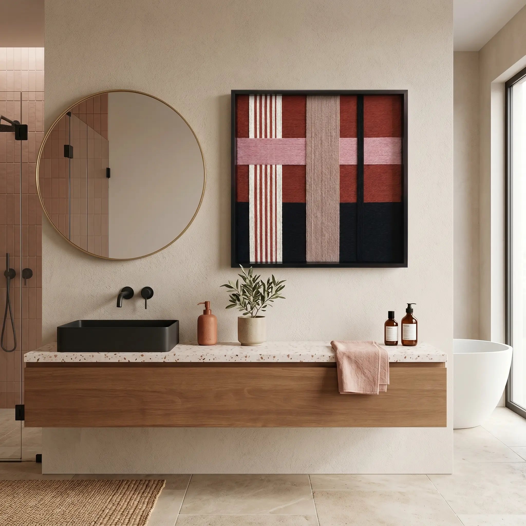 Sophisticated hand-woven wool wall art styled in a luxury bathroom above a floating oak vanity and circular mirror.