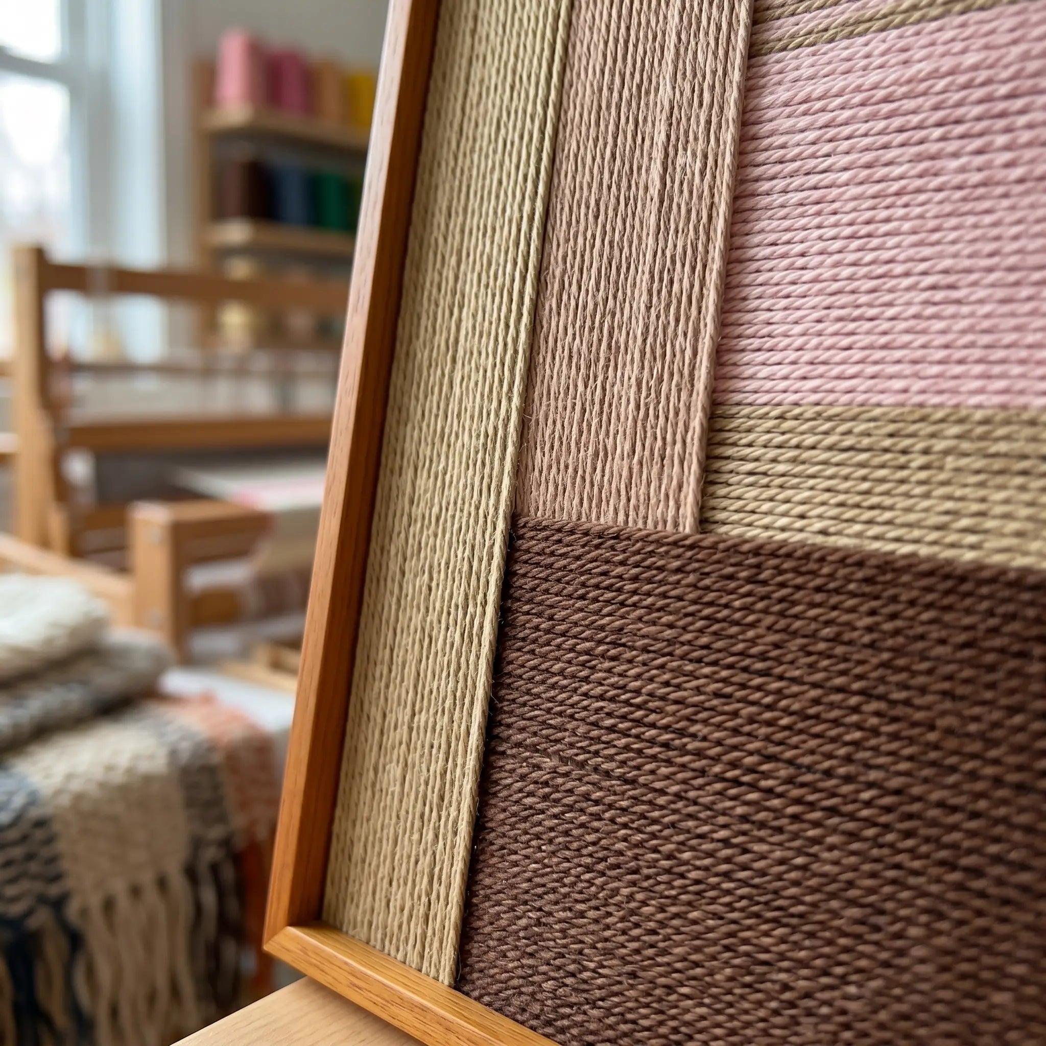 An angled close-up showing the rich, tactile hand-woven wool textures and the professional oak wood frame of the wall art.
