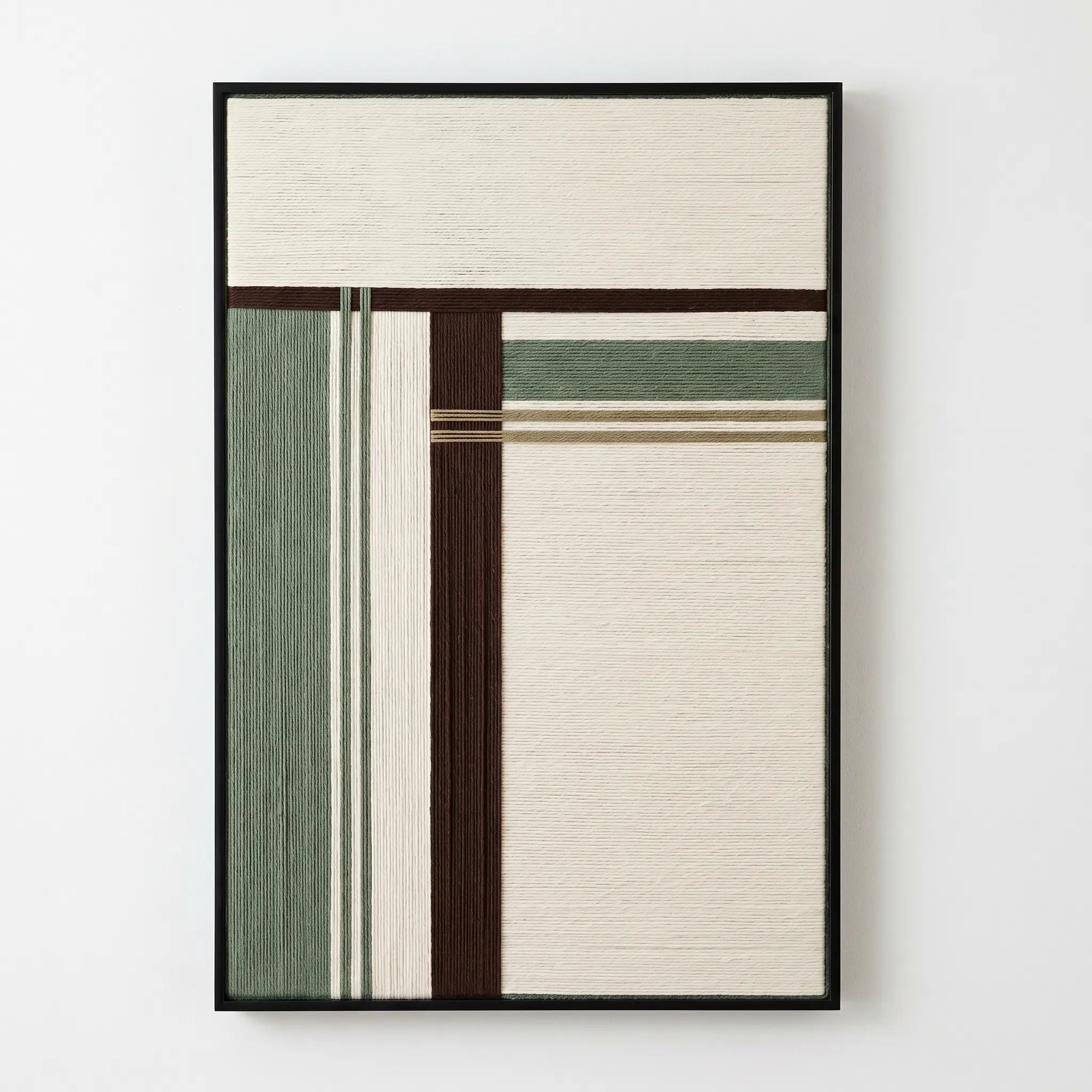 Frontal studio shot of Forest Ruins hand-woven wool wall art featuring sage green, dark brown, and cream geometric patterns in a black frame.