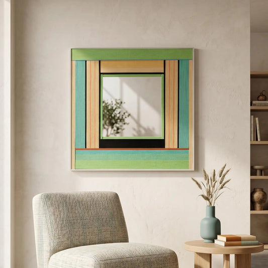 Large hand-woven wool wall art in shades of green and lime hanging in a minimalist living room above a textured chair.