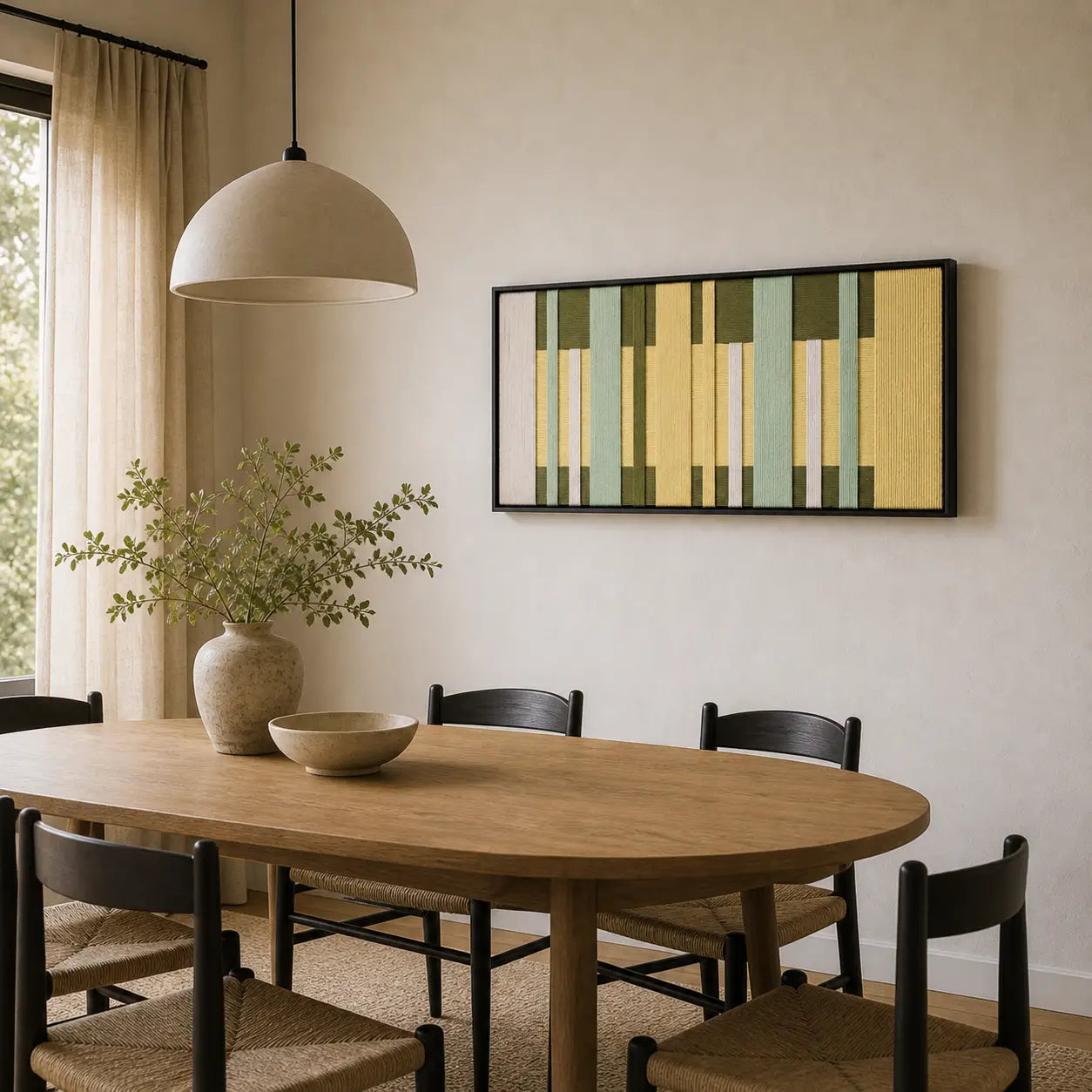 Green and yellow geometric hand-woven wool tapestry beautifully staged in a bright dining room over a wooden oval table.