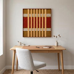 Sophisticated Gilded Coronation hand-woven tapestry hanging above a wooden dining set in a warm, bright, modern home interior.